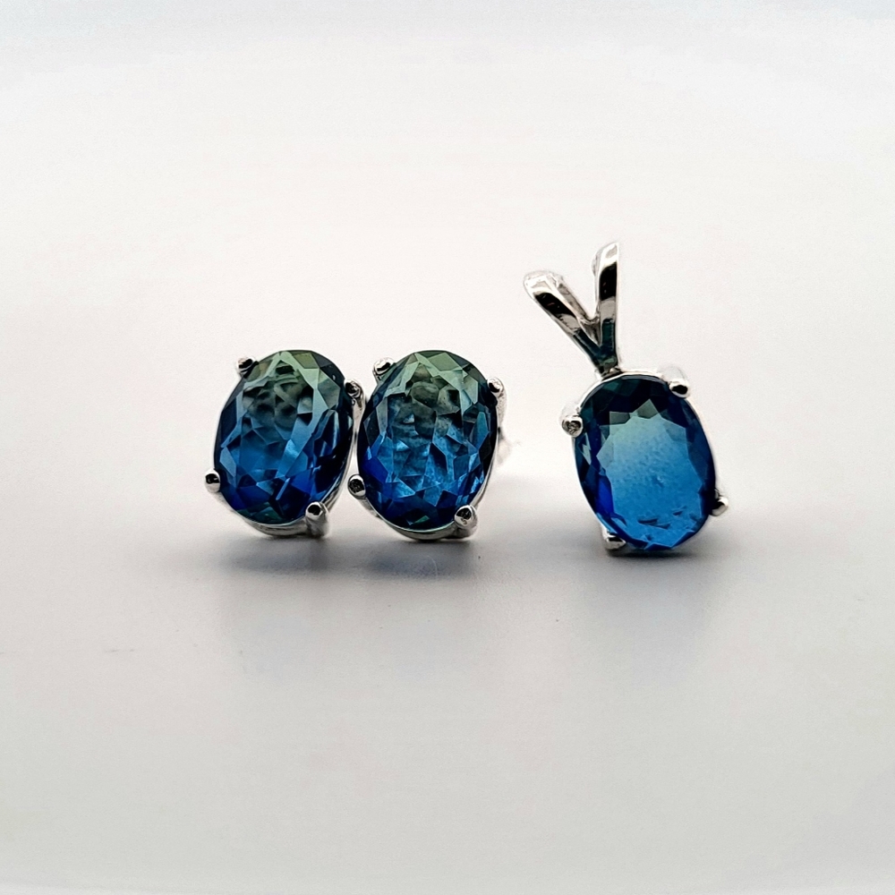 Oval Blue & Green Tourmaline Sterling Silver Earring/Necklace Set 3OBGTSSENSMB